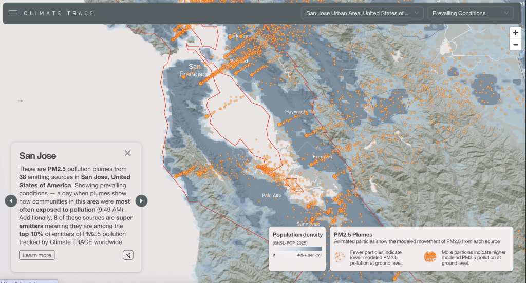 A screenshot of pollution plumes in the San Jose Urban Area. (via Climate TRACE)